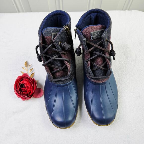 Sperry Saltwater Varsity Striped Duck Boots Size 8 Outdoor Rain Boots Wool Cozy - Picture 3 of 11